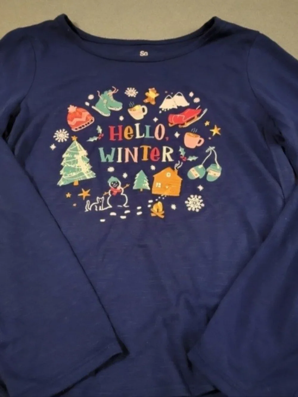 SO Girls Hello Winter Graphic Tee Size M 10/12 Blue Long Sleeve Shirt
